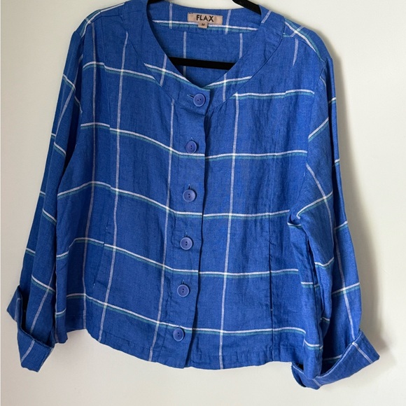 NWT FLAX Linen Jacket Women’s Medium – Royal Blue Windowpane Check Adie - Picture 1 of 7